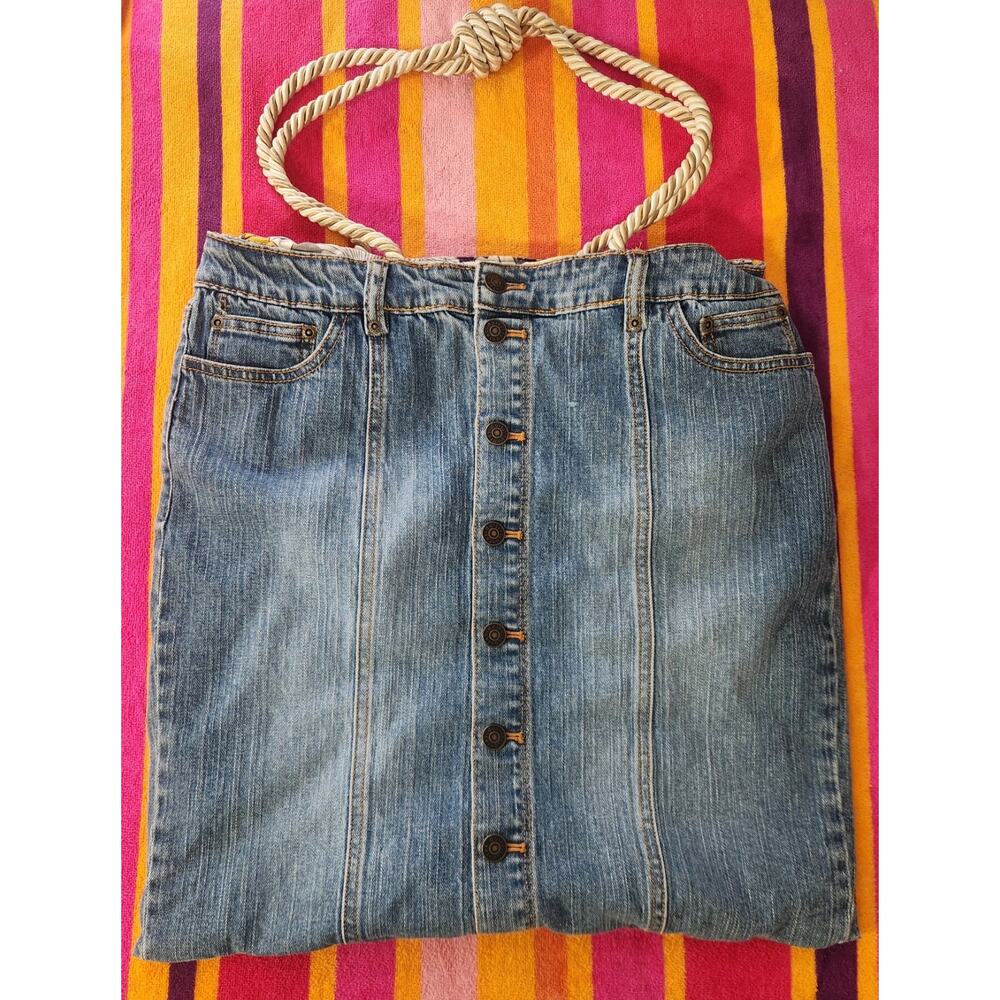 Handmade Upcycled Denim Shoulder Bag with Rope Strap and Button Accent